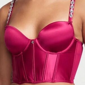 Victoria’s Secret DREAM ANGELS Bejeweled Strap Burgundy Satin Corset Bra Sz 32D